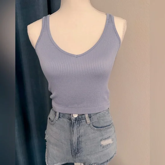 Blue Stretchy Ribbed Crew Neck Crop Top Tank Sleeveless Size S/M - Picture 3 of 6